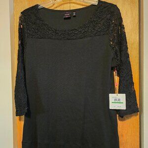 Rafaella Womens Black Lace Neck & Lace 3/4" Sleeve NWT -Size LP